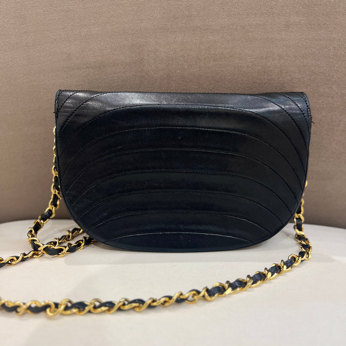 Chanel Vintage Black Lambskin Half Moon Shoulder Bag