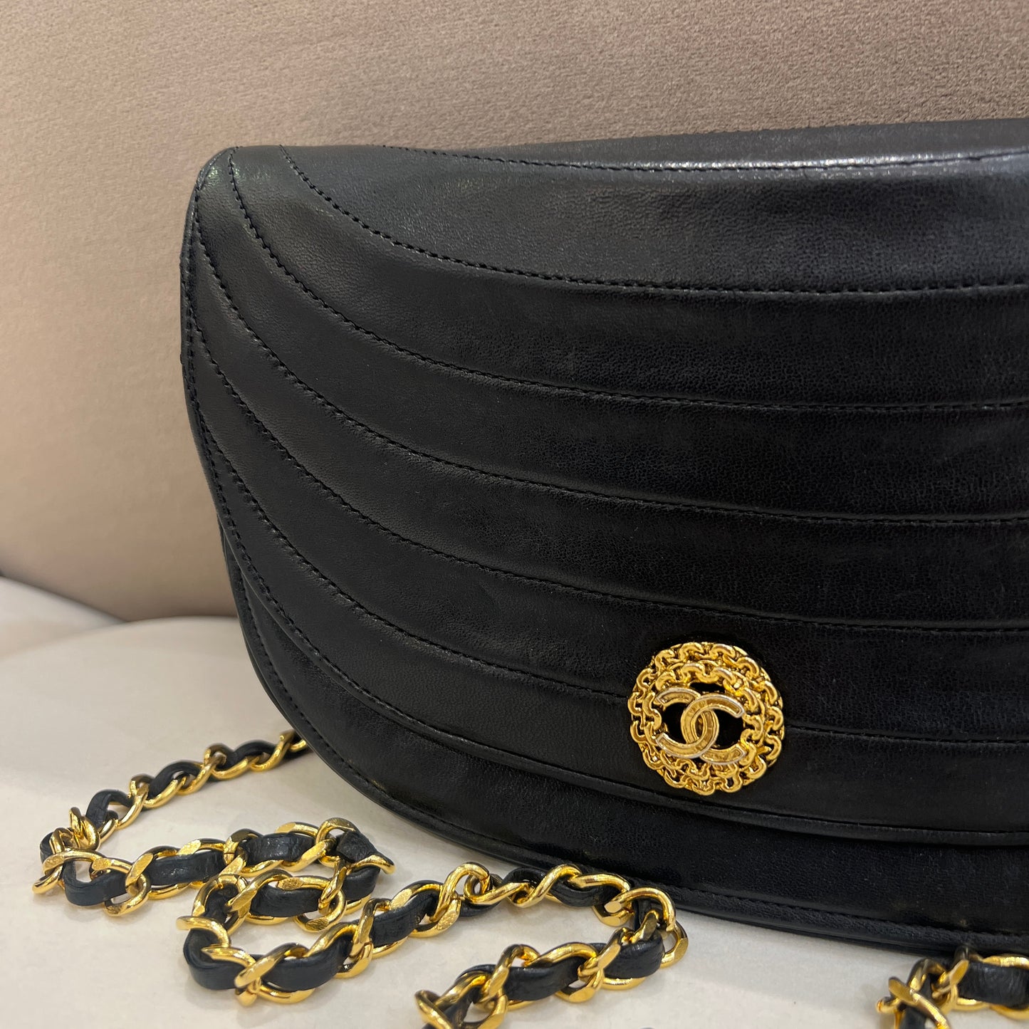 Chanel Vintage Black Lambskin Half Moon Shoulder Bag