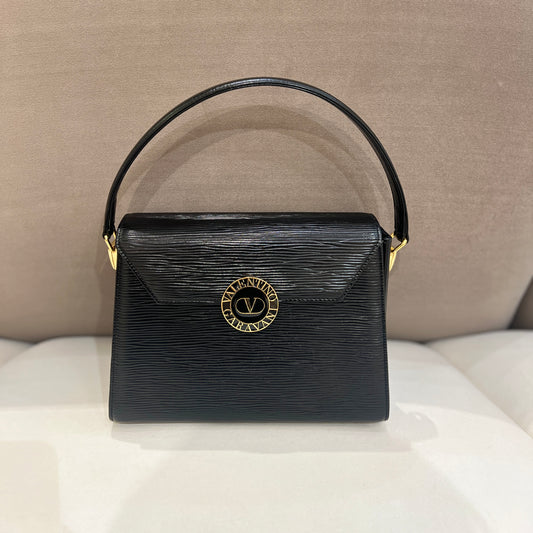 Valentino Vintage Golden Buckle With Black Leather Top Handle Handbag