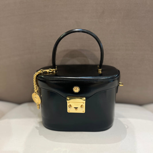 Versace Vintage Black Leather Top Handle Bag With Golden Sun Charm