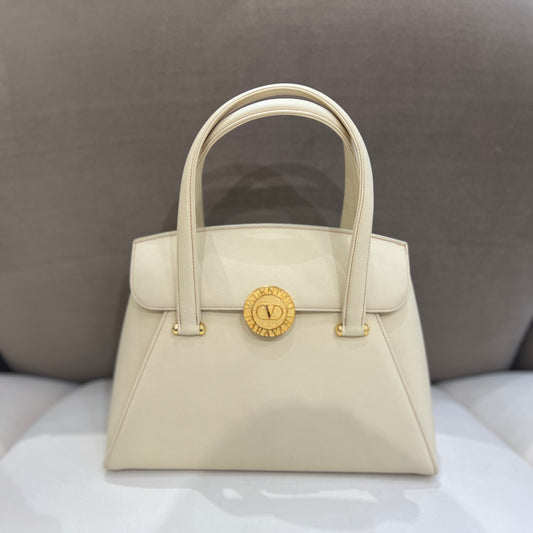 Valentino Vintage Golden Buckle With White Leather Top Handle Handbag