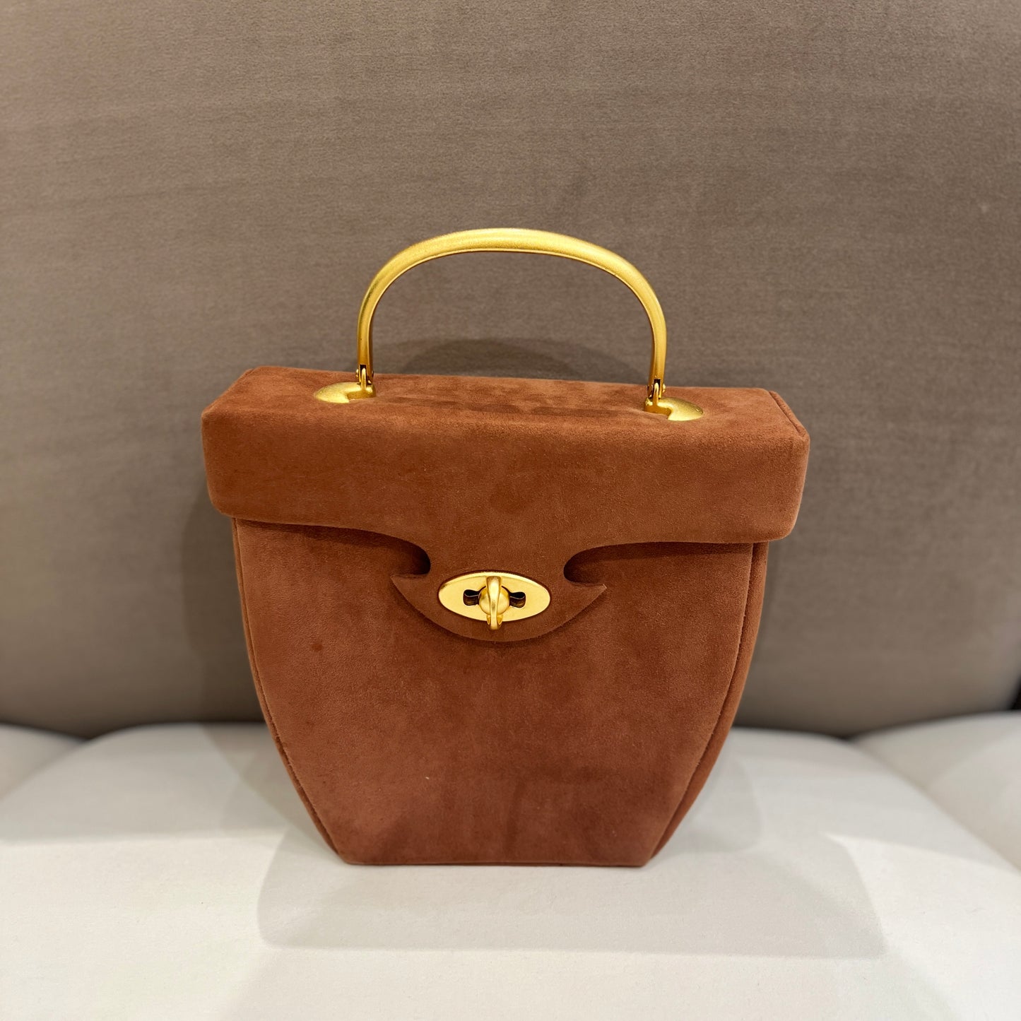 Givenchy Vintage Brown Color Velvet Leather With Golden Turn Lock And Golden Handle Handbag