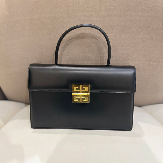 Givenchy Vintage Golden 4G Logo With Top Handle Black Leather Handbag