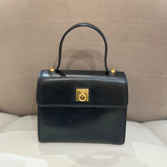 Celine Vintage Black Leather Top Handle Handbag With Golden Buckle