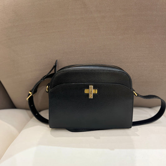 Celine Vintage Black Leather Shoulder Bag With Golden Turn Lock