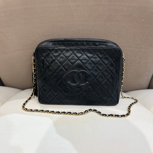 Chanel Vintage Black Leather 26Cm Shoulder Bag With Diamond Tassel & Golden Chain