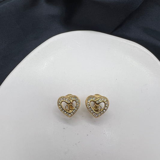 Christian Dior Vintage CD Logo With Rhinestone Heart Shape Clip-On Earrings