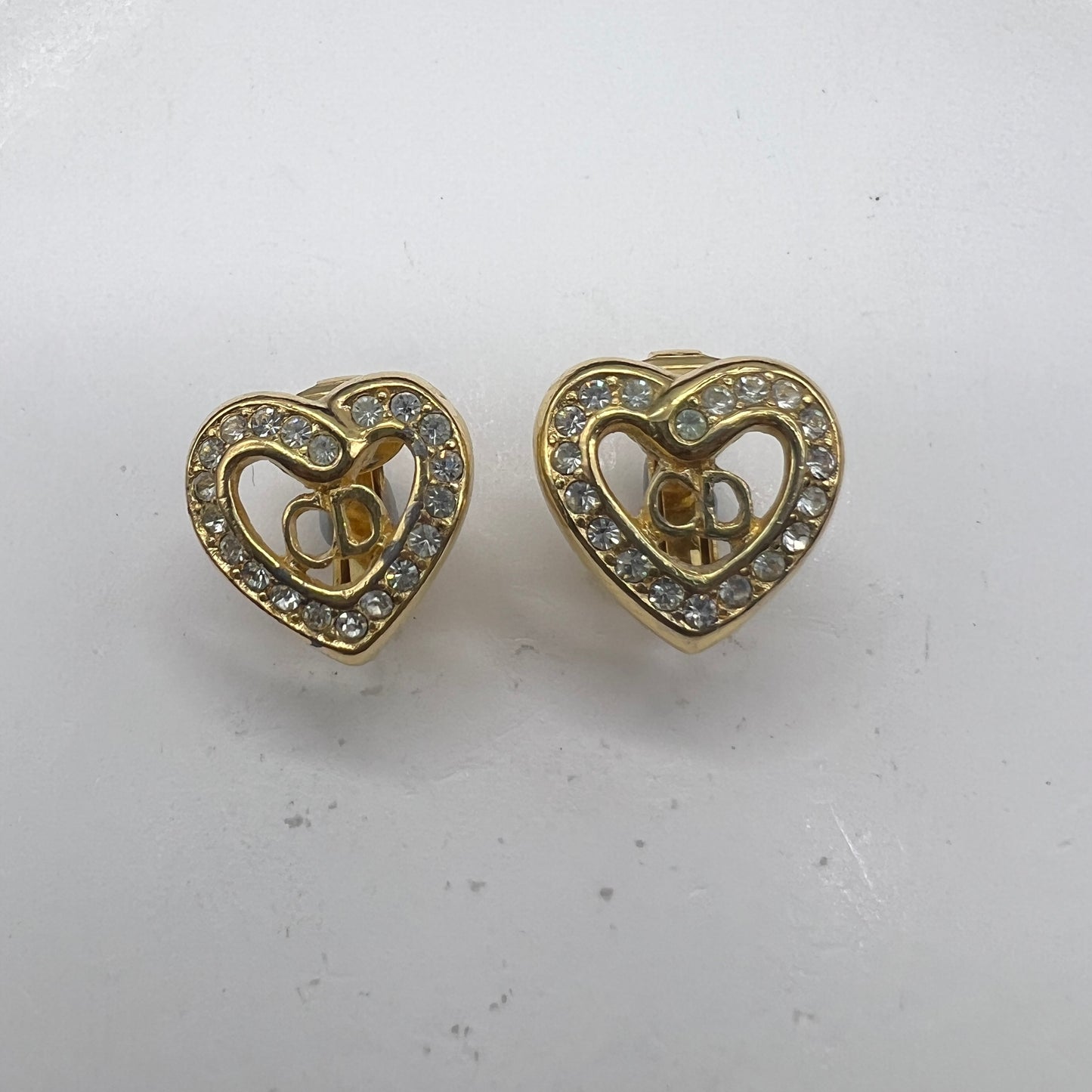 Christian Dior Vintage CD Logo With Rhinestone Heart Shape Clip-On Earrings