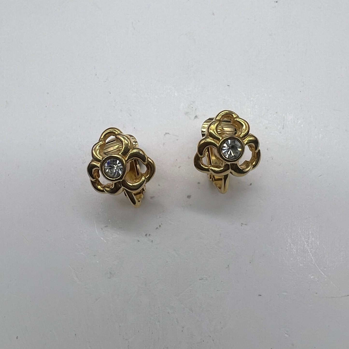 Christian Dior Vintage Flower Shape With Rhinestone Golden Clip-On Earrings