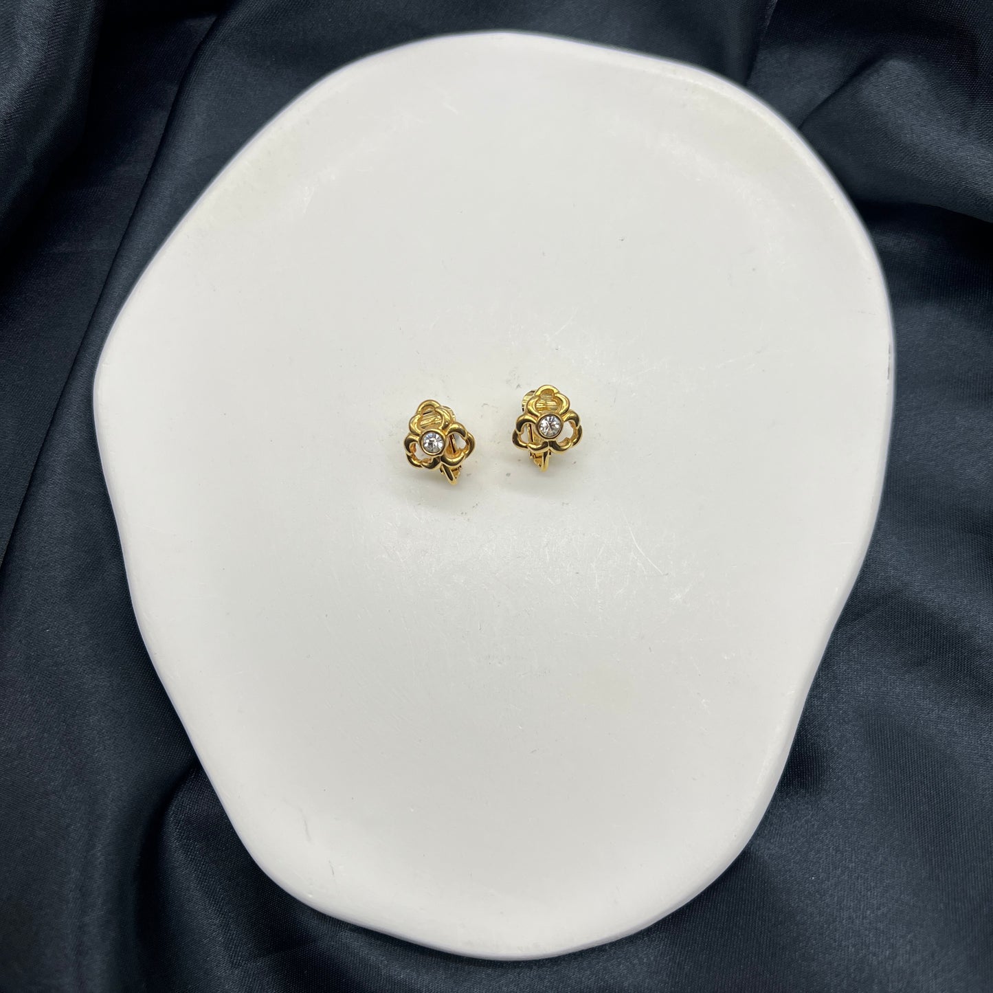 Christian Dior Vintage Flower Shape With Rhinestone Golden Clip-On Earrings