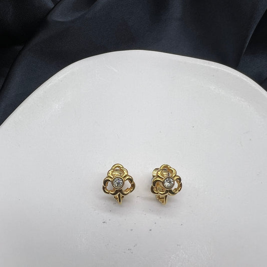 Christian Dior Vintage Flower Shape With Rhinestone Golden Clip-On Earrings