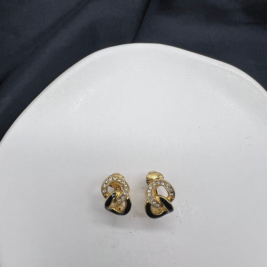 Christian Dior Vintage Black And Rhinestone Twist Golden Clip-On Earrings