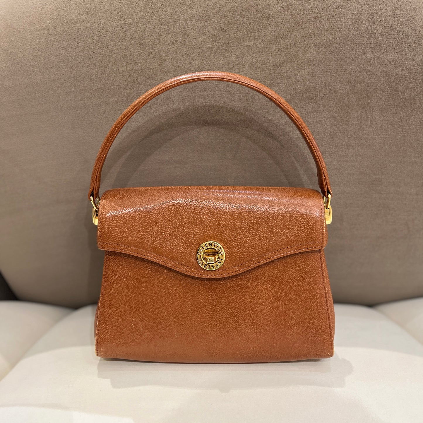 Valentino Vintage Golden Turn Lock Brown Color Leather Handbag