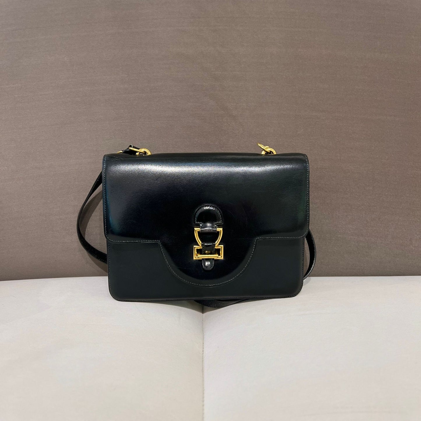 Hermes Vintage Sandrine Black Box Calf Shoulder Bag With Golden Hardware