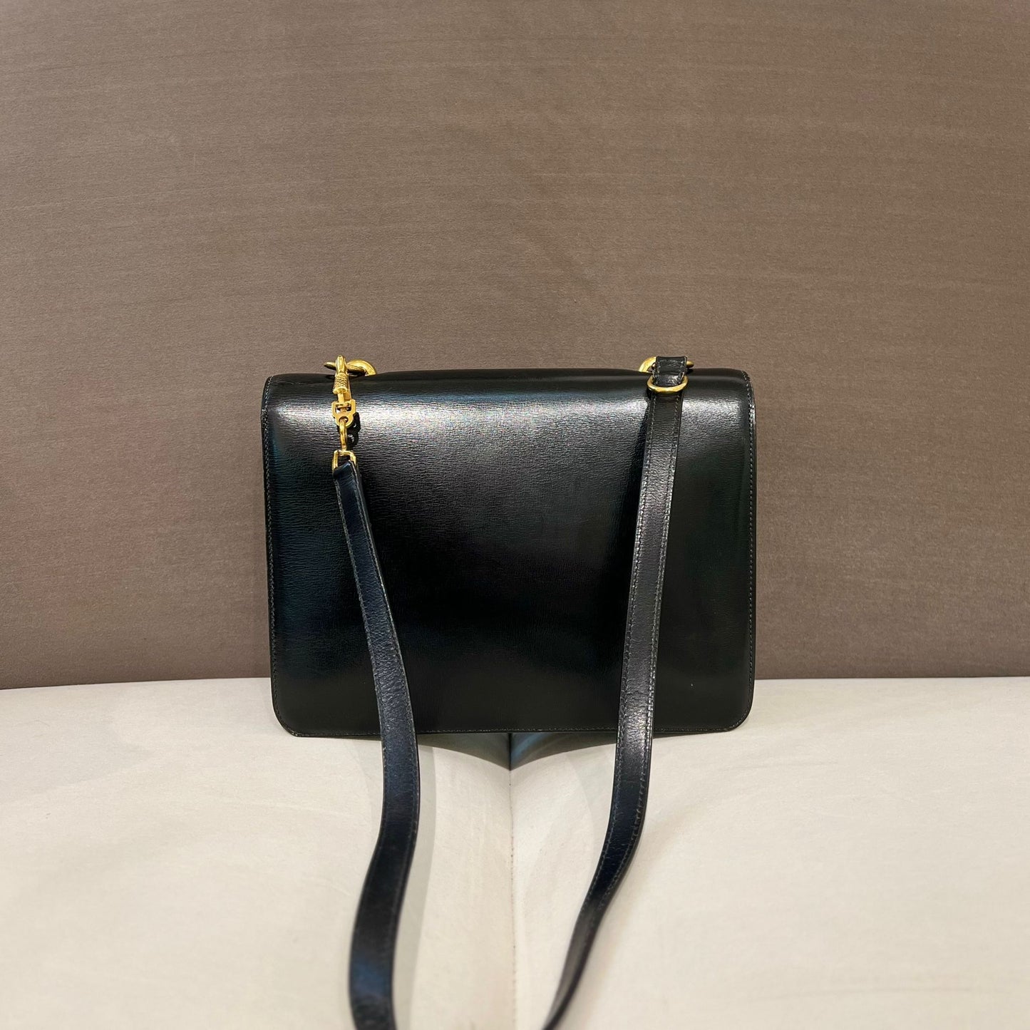 Hermes Vintage Sandrine Black Box Calf Shoulder Bag With Golden Hardware