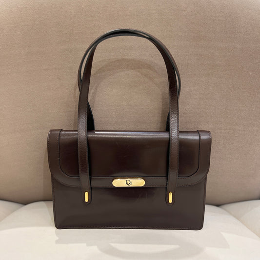 Christian Dior Vintage Dark Brown Handbag With Golden Logo Plate