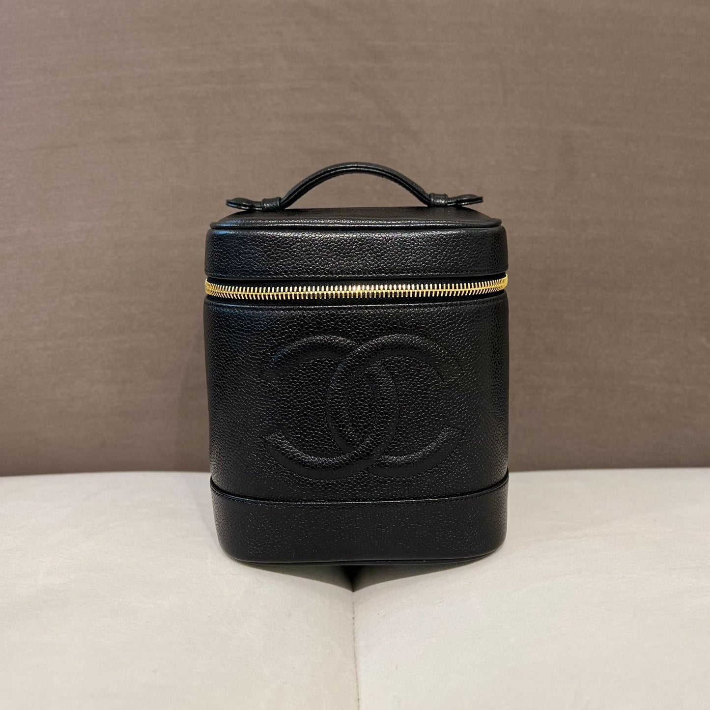 Chanel Vintage Cc Logo Embossed Black Caviar Leather Vanity Handbag