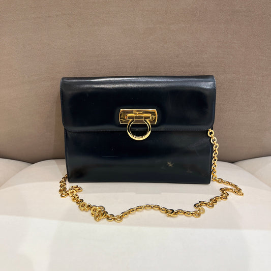 Ferragamo Vintage Gancini Buckle With Black Leather Golden Chain Shoulder Bag