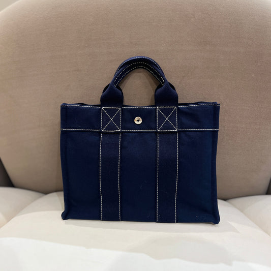 Hermes Vintage Navy Color Canvas Tote Bag With White Stitching