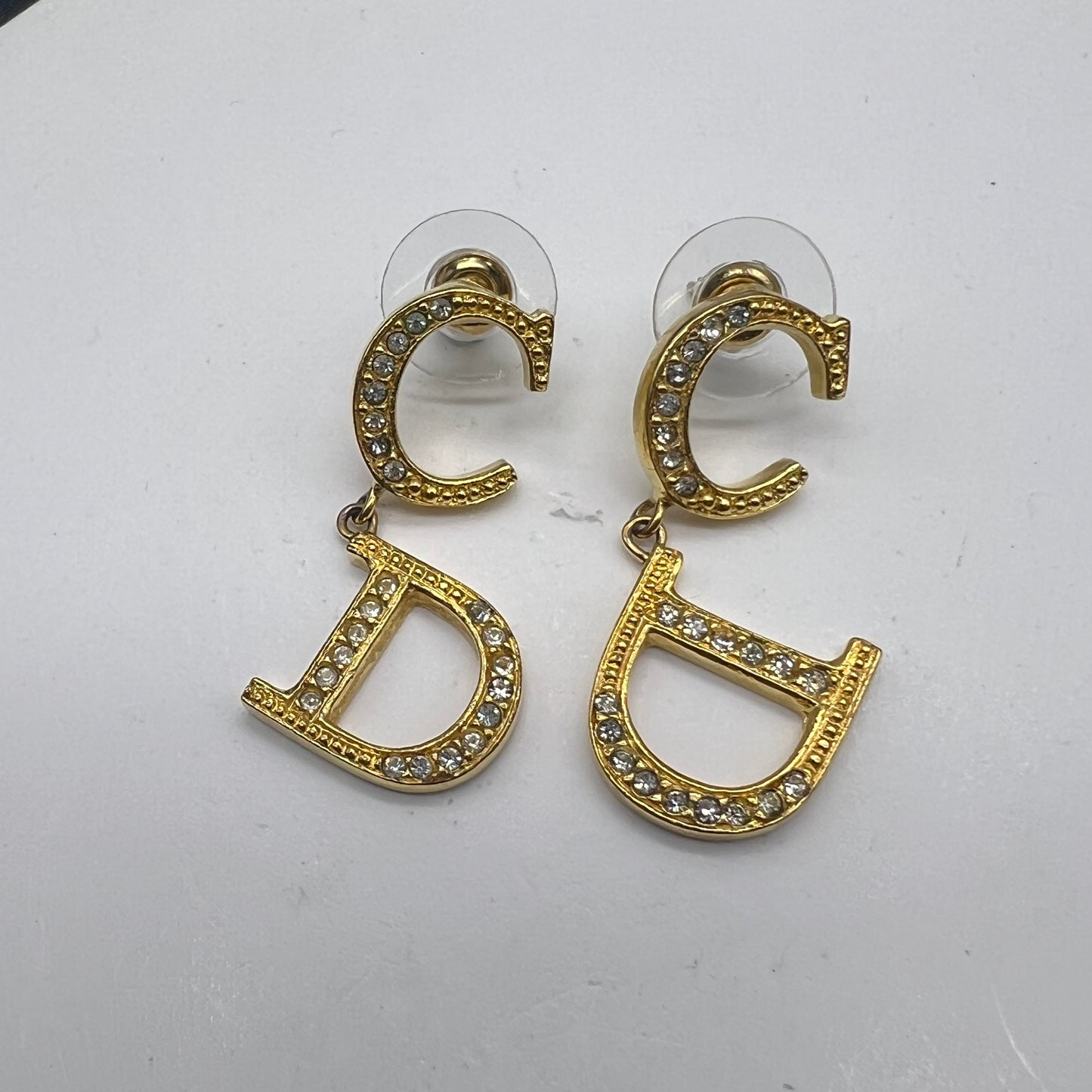 Christian Dior Vintage CD Logo Rhinestone Golden Earrings