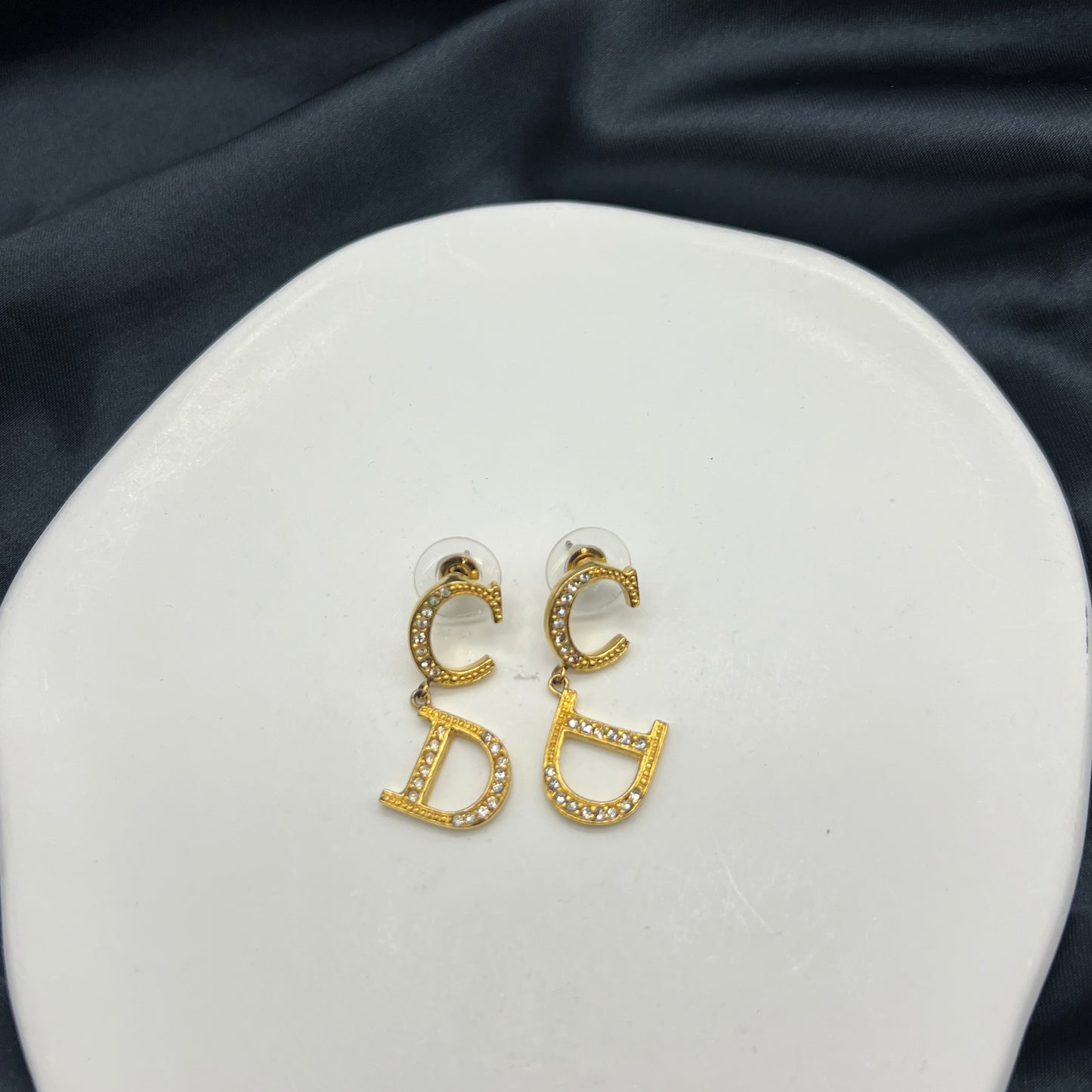 Christian Dior Vintage CD Logo Rhinestone Golden Earrings