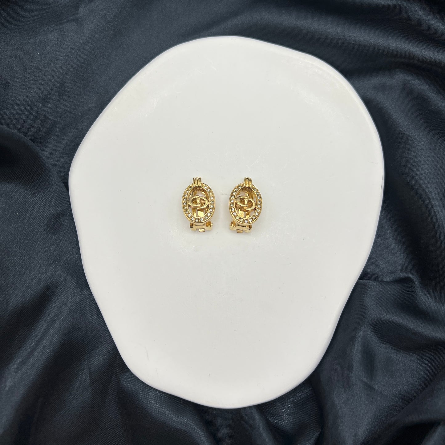 Christian Dior Vintage CD Logo Oval Shape Golden Clip-On Earrings