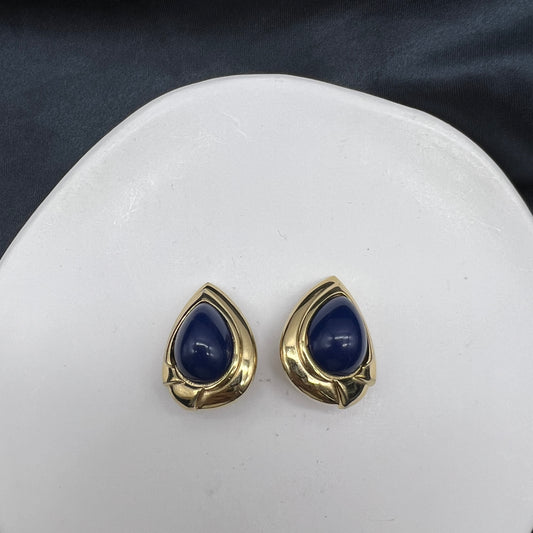 Givenchy Vintage Blue Color Stone In Golden Water Drop Clip-On Earrings