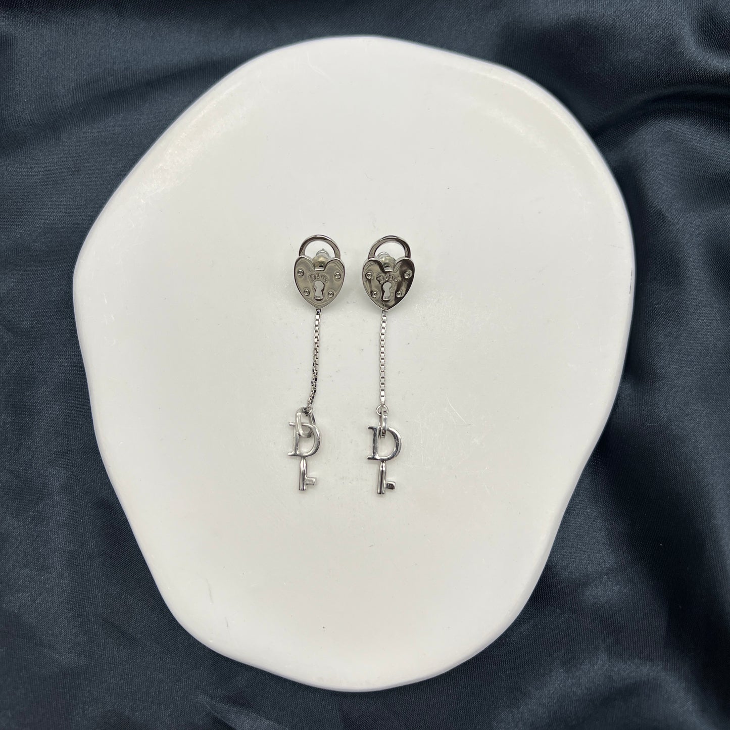 Christian Dior Vintage Heart Lock With Key Silver Earrings