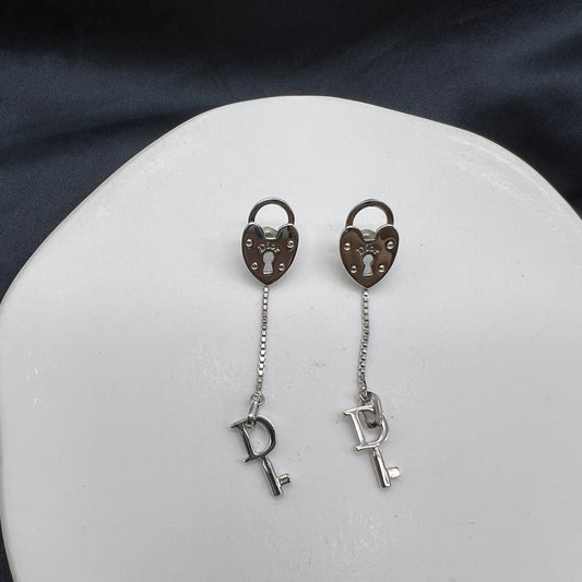 Christian Dior Vintage Heart Lock With Key Silver Earrings