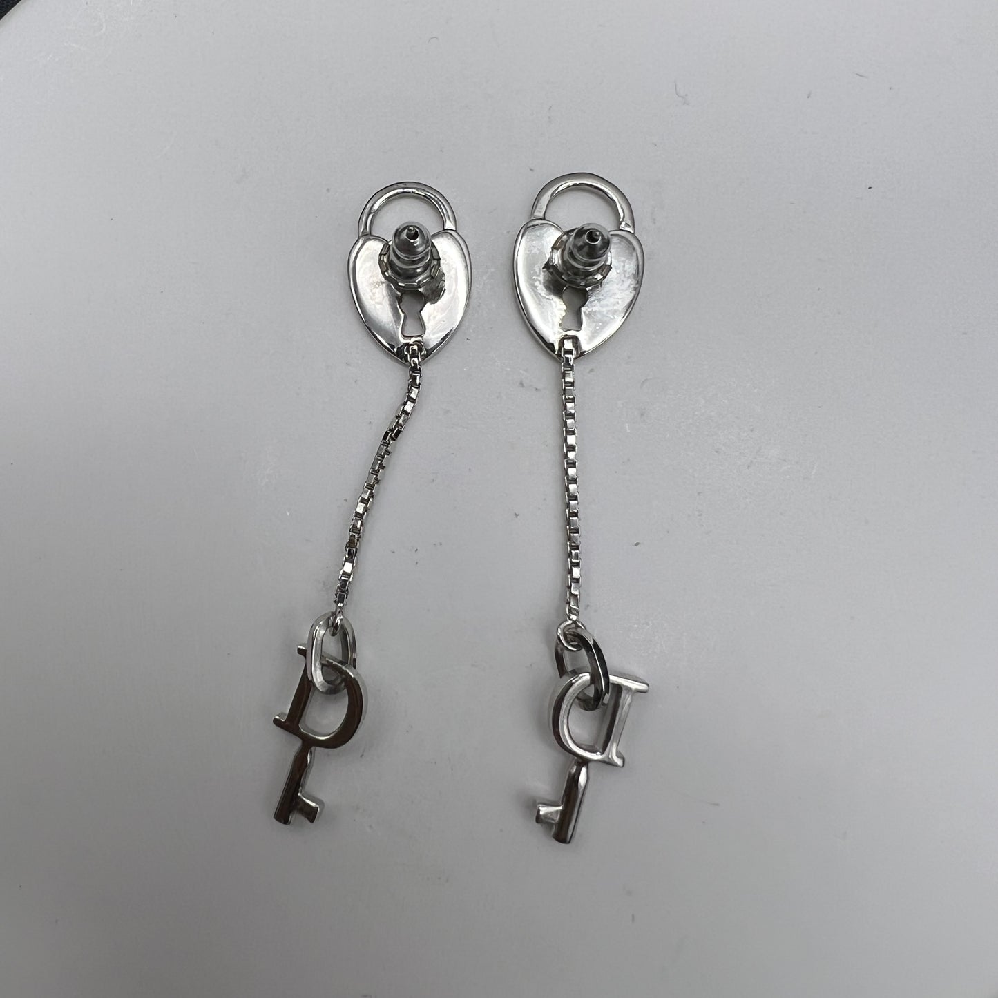 Christian Dior Vintage Heart Lock With Key Silver Earrings