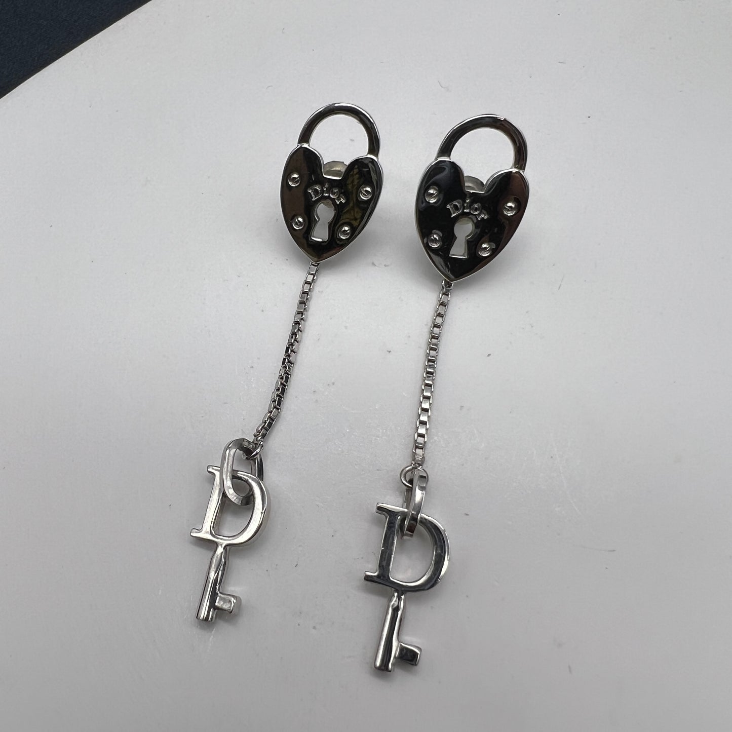 Christian Dior Vintage Heart Lock With Key Silver Earrings