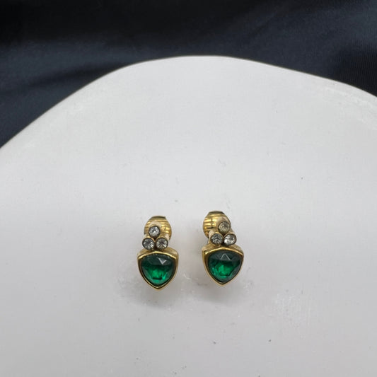 Givenchy Vintage Green Color Stone With Rhinestone Golden Clip-On Earrings