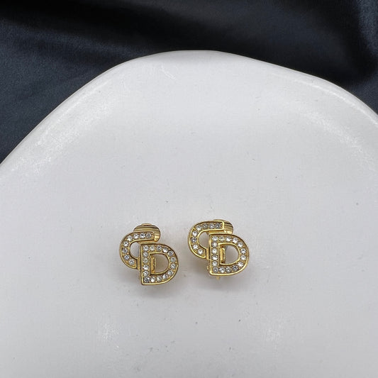 Christian Dior Vintage CD Logo Rhinestone Clip-On Earrings