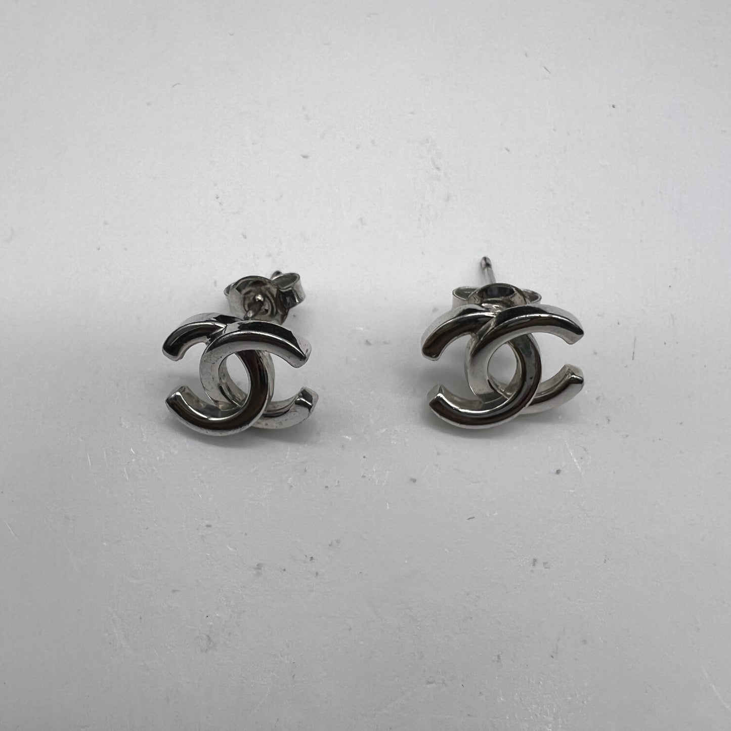 Chanel Vintage Classic CC Logo Silver Earrings