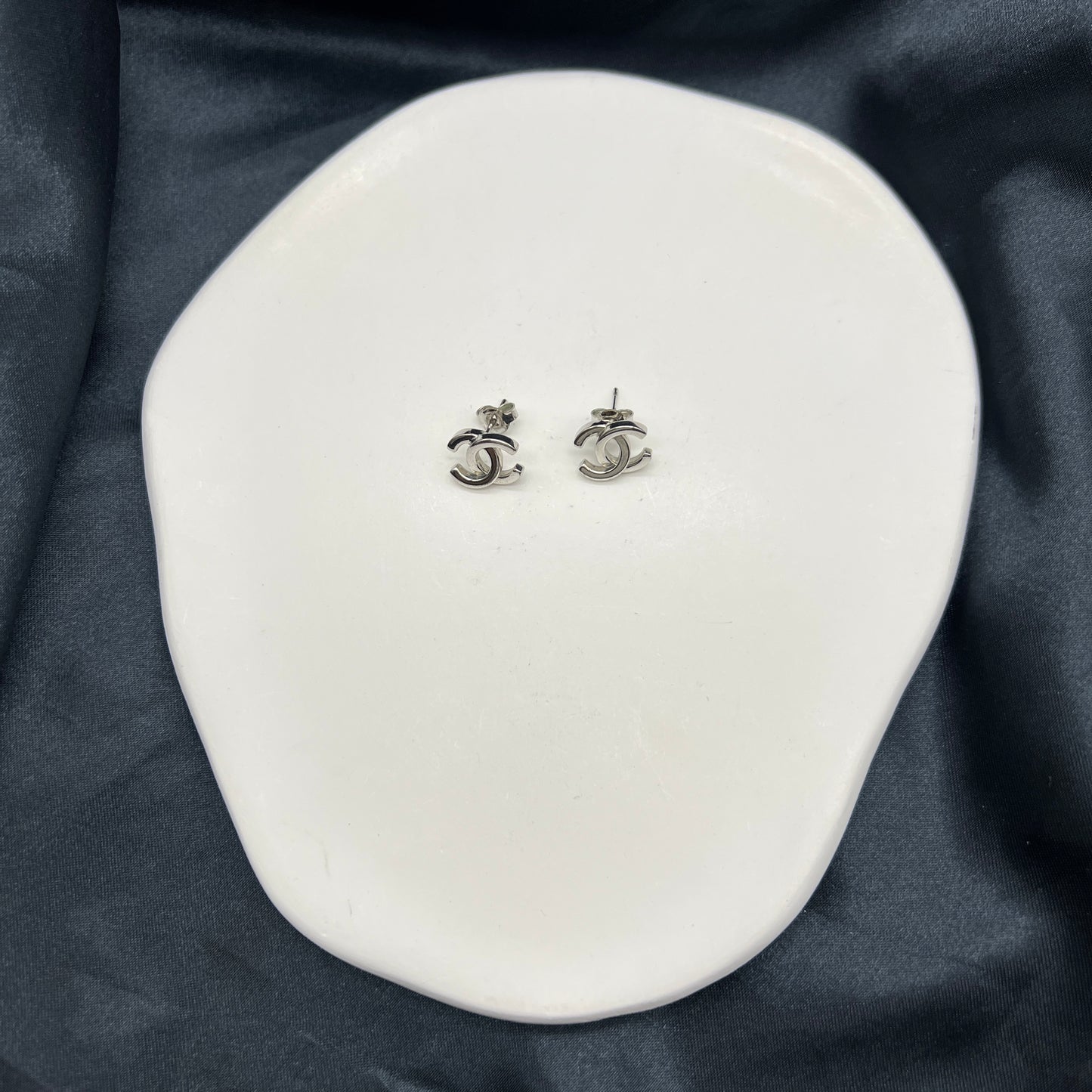 Chanel Vintage Classic CC Logo Silver Earrings