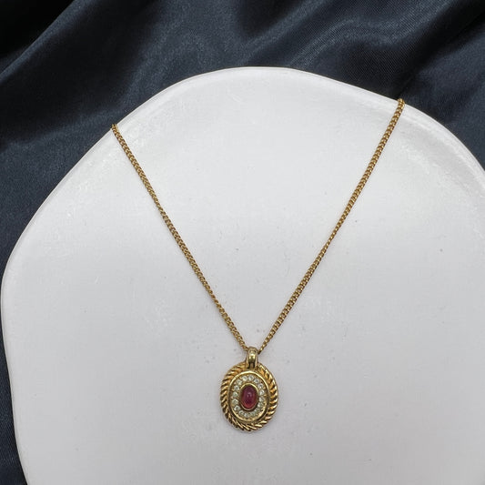 Christian Dior Vintage Red Color Stone With Rhinestone In Golden Oval Pendant Necklace