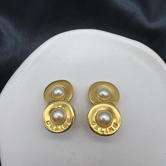 Celine Vintage Double Golden Circle With Pearl Clip-On Earrings