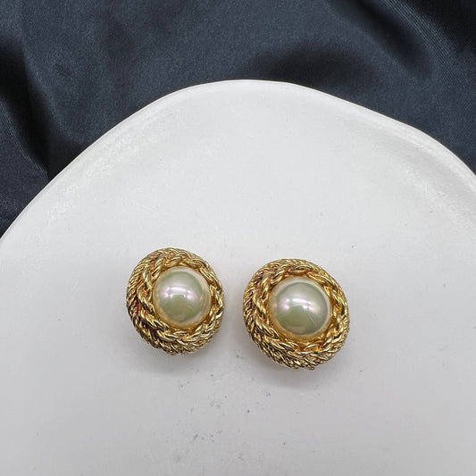 Christian Dior Vintage Golden Twist Rounded Pearl Golden Clip-On Earrings