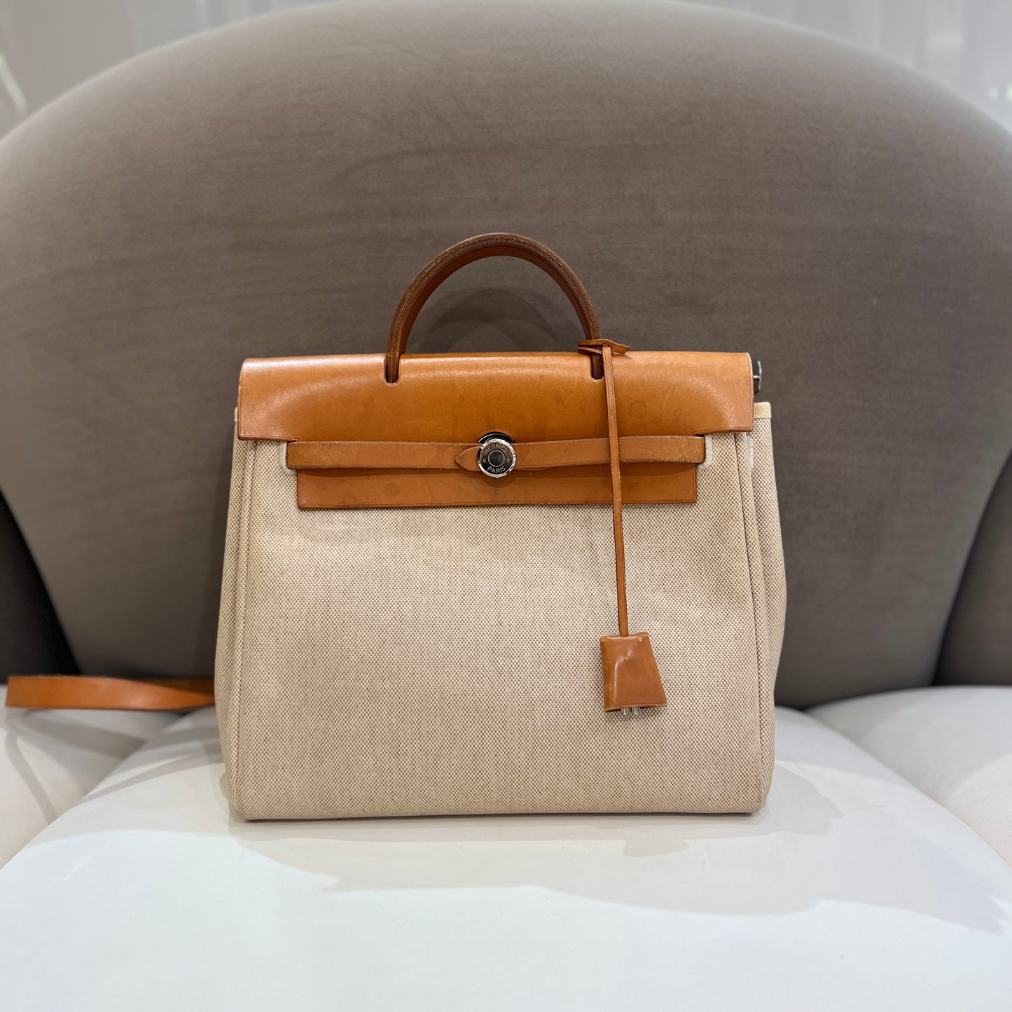 Hermes Vintage Herbag Ado with Beige Vache Hunter With Pm Twirl Ash Plus silver Hardware