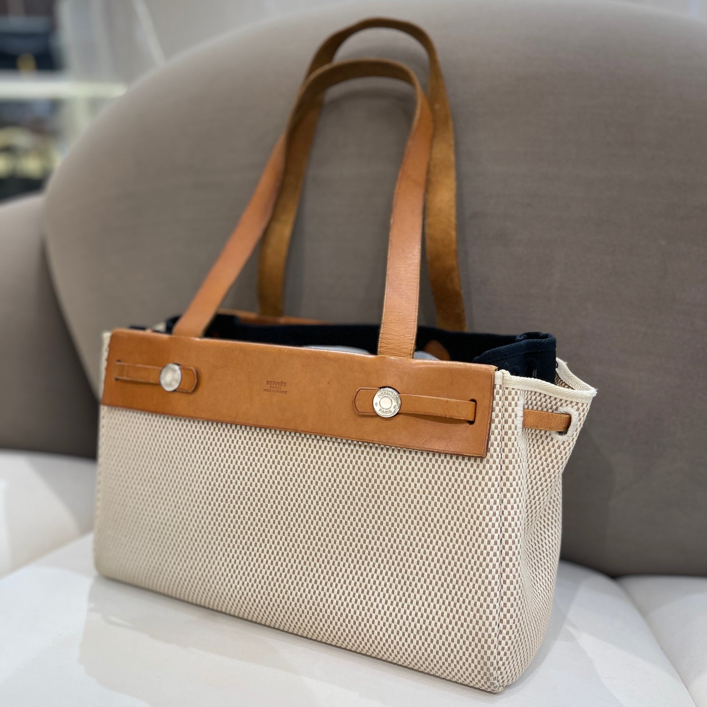 Hermes Vintage Beige Leather Herbag With Silver Hardware (Cabas + Toile)