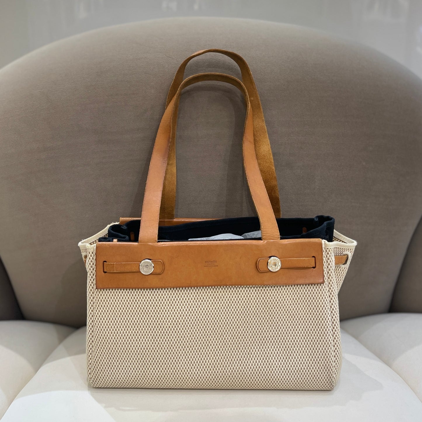 Hermes Vintage Beige Leather Herbag With Silver Hardware (Cabas + Toile)