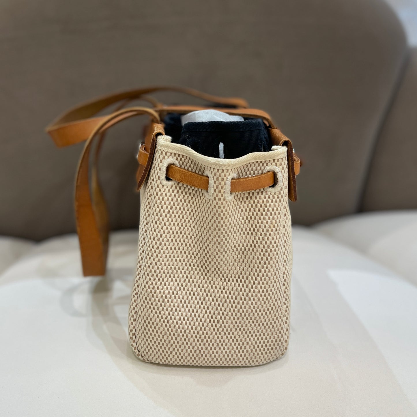 Hermes Vintage Beige Leather Herbag With Silver Hardware (Cabas + Toile)