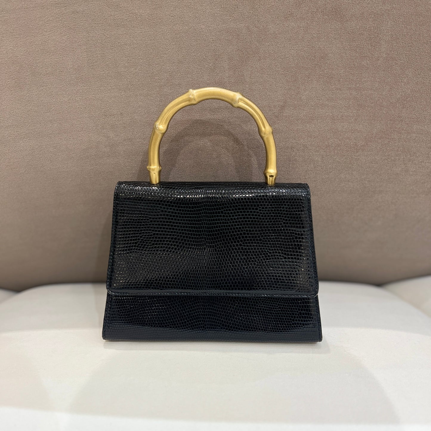 Gucci Vintage Black Lizard Flap Handbag With Bamboo Handle