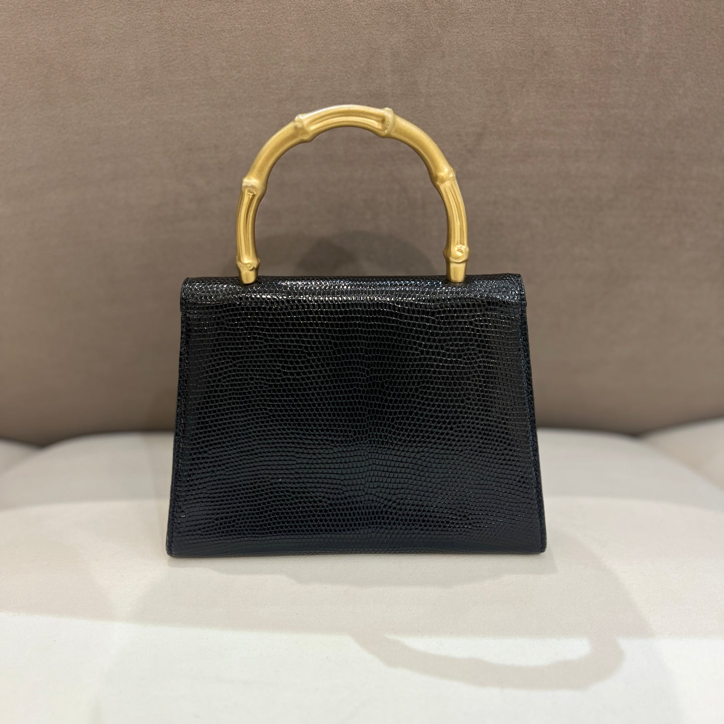 Gucci Vintage Black Lizard Flap Handbag With Bamboo Handle