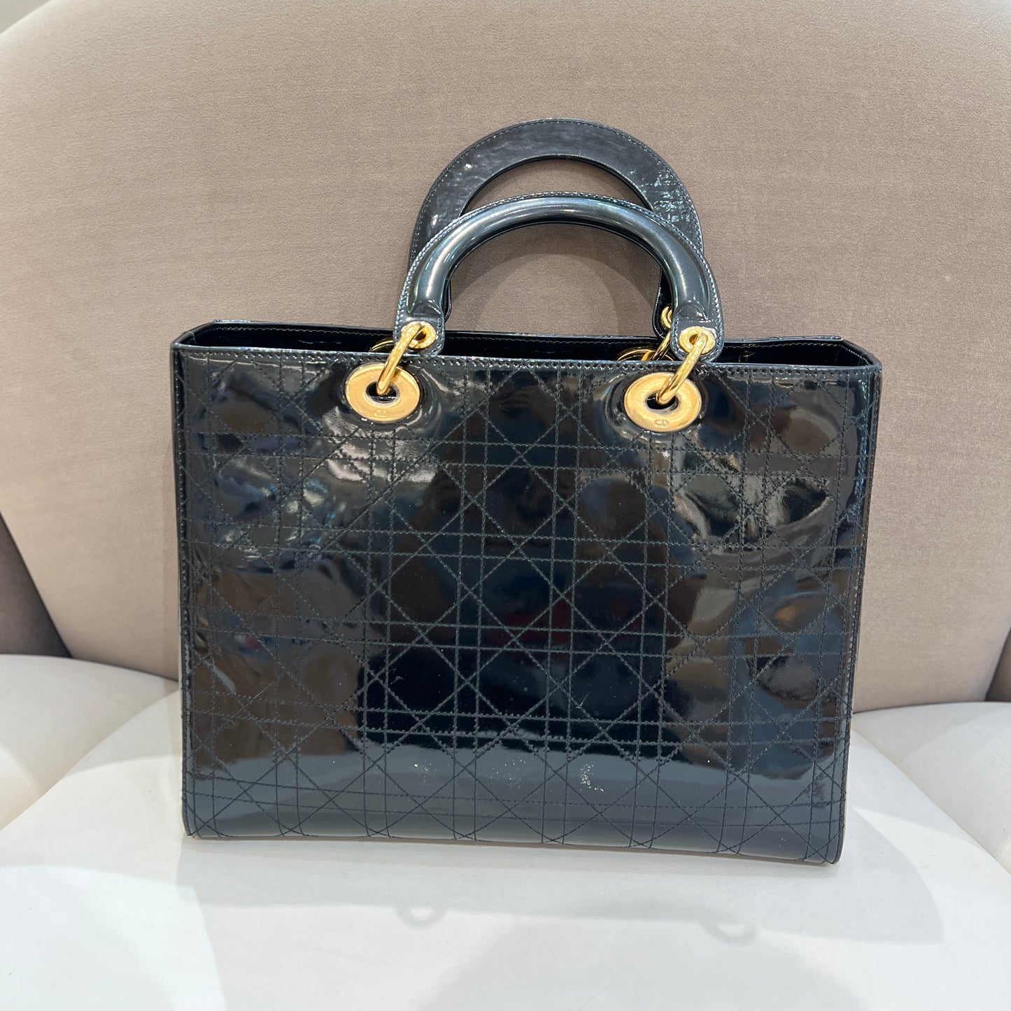 Christian Dior Vintage Enamel Black Cannage Large Lady Dior Handbag