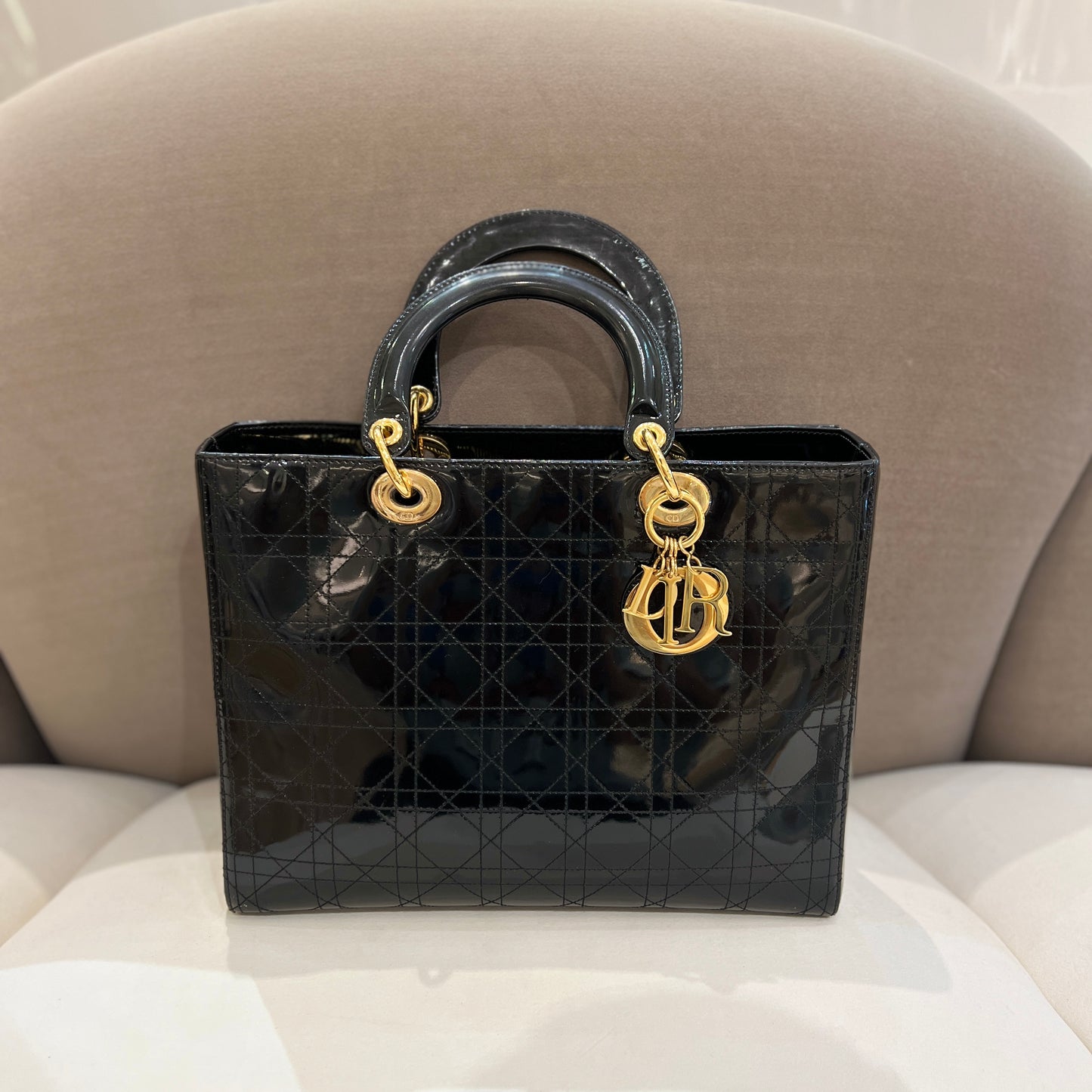 Christian Dior Vintage Enamel Black Cannage Large Lady Dior Handbag