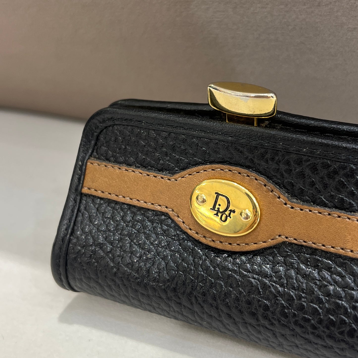 Christian Dior Vintage Black Color Calfskin Leather Triangle Shape Coin Case with Golden Buckle