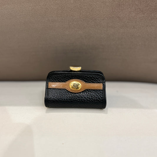 Christian Dior Vintage Black Color Calfskin Leather Triangle Shape Coin Case with Golden Buckle