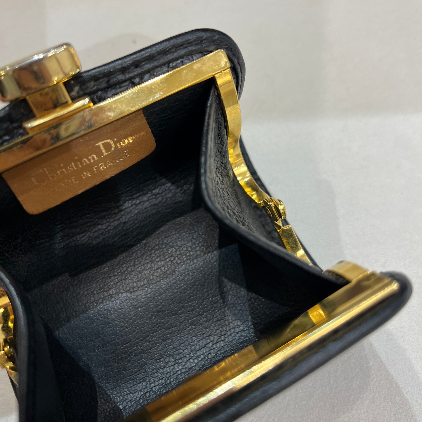 Christian Dior Vintage Black Color Calfskin Leather Triangle Shape Coin Case with Golden Buckle