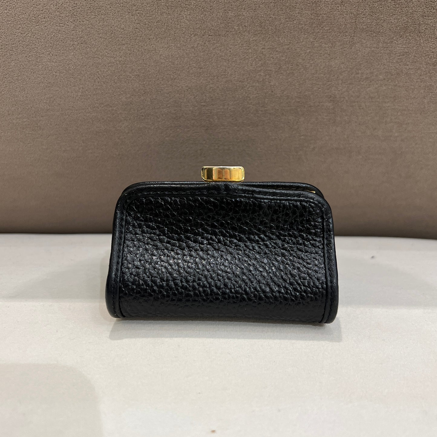 Christian Dior Vintage Black Color Calfskin Leather Triangle Shape Coin Case with Golden Buckle